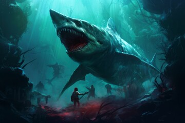 a giant shark and some people under water with bright lights