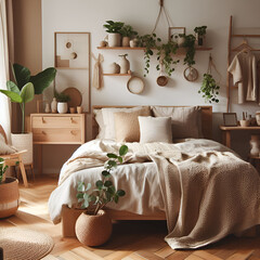 Cozy Modern Scandi Style Sustainable Boho Double Bed with Pillows & White Blankets Bedroom in Minimalist Beige Colors Wooden Furniture, Stylish Accessories, Natural Cotton Textiles & Indoor Plants