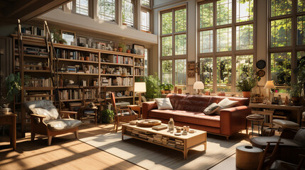 interior design of old library with fireplace - obrazy, fototapety, plakaty