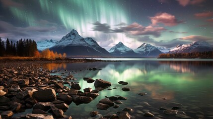 Obraz premium AI generated illustration of a rocky shore of a lake reflecting Aurora Borealis
