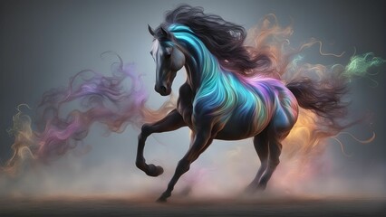 AI generated illustration of a horse in motion, emitting a vivid rainbow-hued smoke trail - obrazy, fototapety, plakaty
