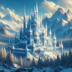 Fairy Tale Romantic Magic Necromancer Crystal Ice Castle with High Towers with Frozen Cold Icicle Winter Forest Snow Field Landscape and Ice Walls in the Tree Mountains, Sunny Blue Sky Digital Art - obrazy, fototapety, plakaty