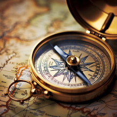 Close-up of an old style compass resting on a map