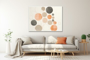 Abstract wall art with white geometric circles on a plain background. Generative AI