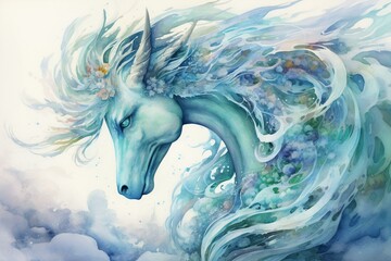 Aqua-hued mythical creatures portrayed with watercolor technique. Generative AI - obrazy, fototapety, plakaty