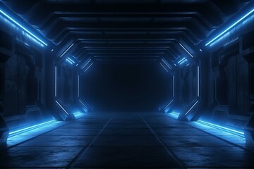 Futuristic dark tunnel with concrete walls, blue neon lights, and realistic cement grunge. Empty and industrial cyber stage. Generative AI