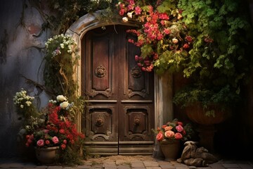 A door adorned with flourishing flowers on its side, with a lush green plant sprouting both on top of and around the door. Generative AI