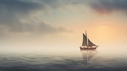 concept of "Exploration" with a lone boat sailing towards an unknown, misty horizon.