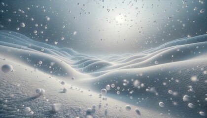 an abstract snow and fog scene with sun shining down and water drops on the ground