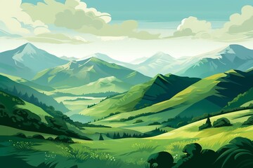 Illustration of a green mountain landscape. Generative AI