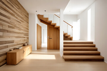 Rustic hallway with wooden stairway and stone wall. cozy interior decor for a contemporary foyer with a door, generative ai