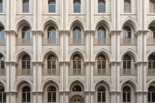 A symmetrical architecture with a sequence of arches on the building facade. Generative AI