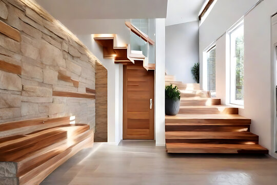 Rustic hallway with wooden stairway and stone wall. cozy interior decor for a contemporary foyer with a door, generative ai