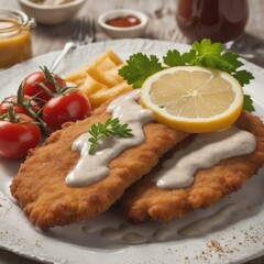 fried fish with a lemon and sauce, french fries, and tomatoes