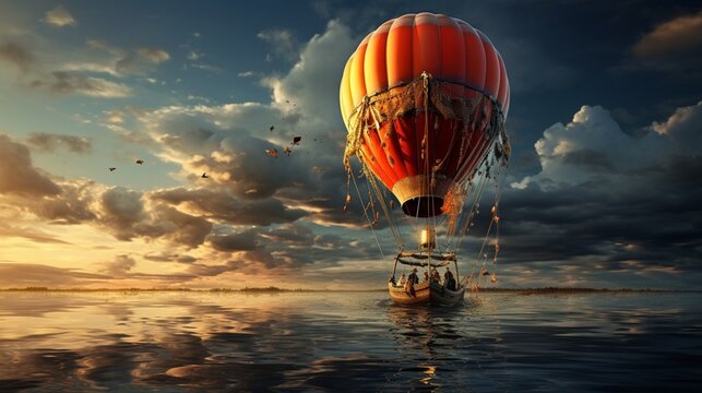 Craft an image that symbolizes the idea of "Freedom" through the metaphor of a hot air balloon breaking free from its moorings.