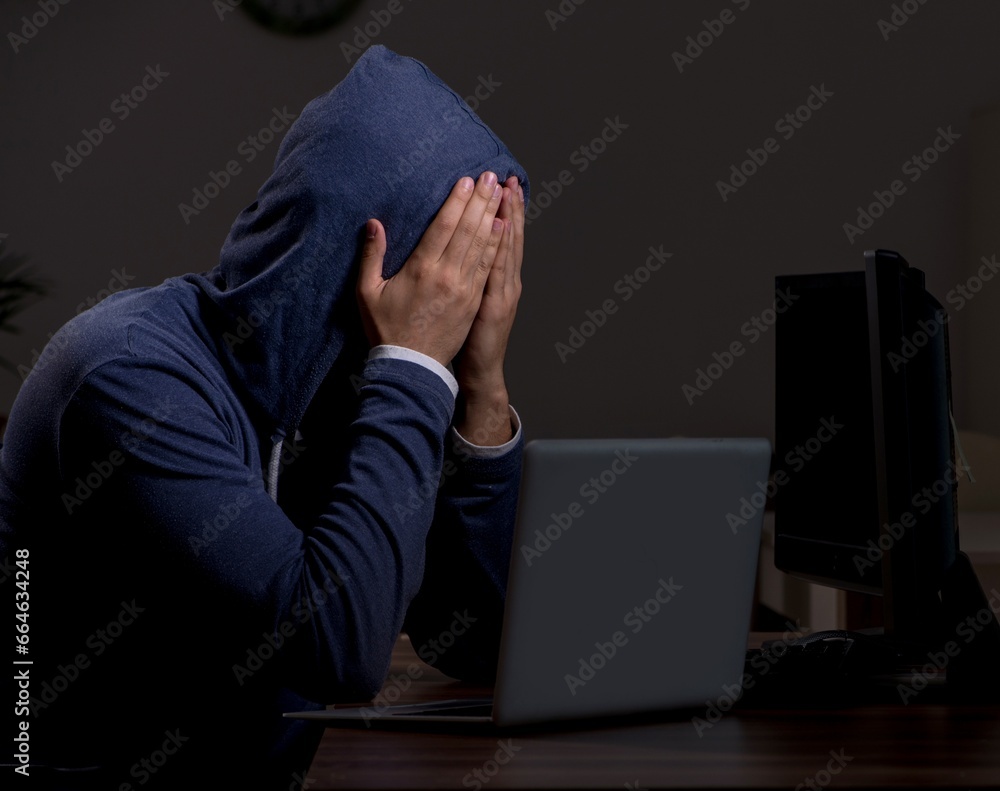 Poster male hacker hacking security firewall late in office