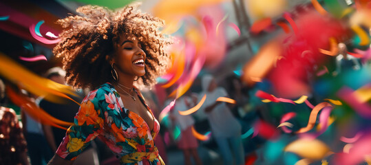 Woman smile happy portrait in carnival street parade, colorful streamers sparkles and confetti - obrazy, fototapety, plakaty