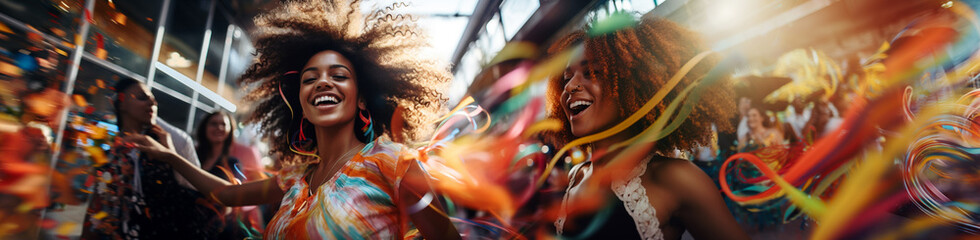 Woman smile happy portrait in carnival street parade, colorful streamers sparkles and confetti - obrazy, fototapety, plakaty