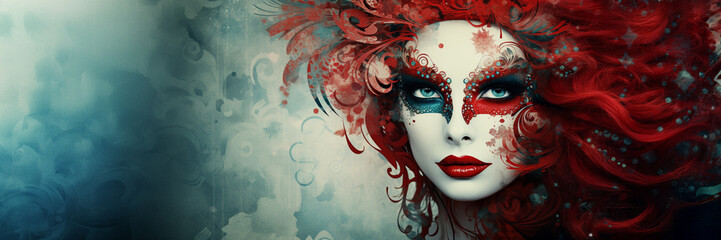 Carnival mask colorful decorated illustration, masquerade mardi gras copy space illustration banner