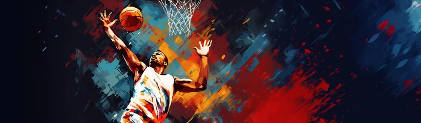 Tuinposter Basketball sport action dunk dynamic illustration painting banner © fabioderby