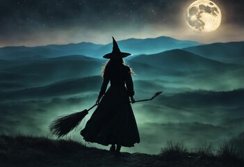 AI generated illustration of a silhouette of a witch with a broom on a green hill at night