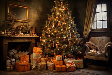 Naklejka na ściany i meble christmas-tree presents, christmas tree inside, christmas-tree home Generative AI 