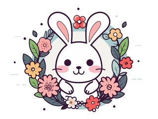Obraz premium Doodle Easter Bunny with a wreath, cartoon sticker, sketch, vector, Illustration, minimalistic