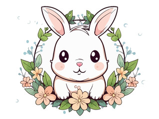 Doodle Easter Bunny with a wreath, cartoon sticker, sketch, vector, Illustration, minimalistic