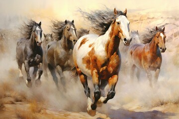 Painting of horses running on sandy terrain. Generative AI
