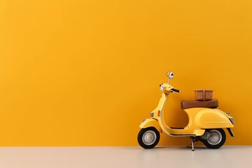 Yellow scooter with a basket of food on a yellow wall background - obrazy, fototapety, plakaty
