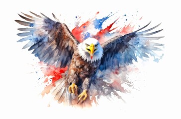 Watercolor illustration of a flying american bald eagle on white background.