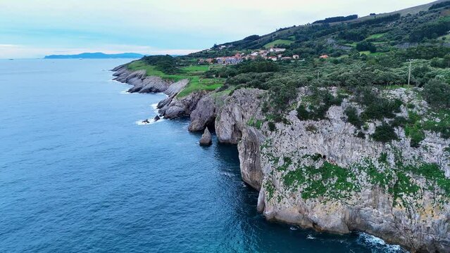 Cliffs in the surroundings of La Milla Medida de Islares. Aerial view from a drone. Castro Municipality. Cantabrian Sea. Cantabria. Spain. Europe