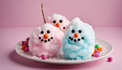 Obraz na płótnie Canvas Colorful Cotton candy in the shape of cute snowman on the plate with candies. Christmas holiday seasonal food sweet background. Winter celebration backdrop