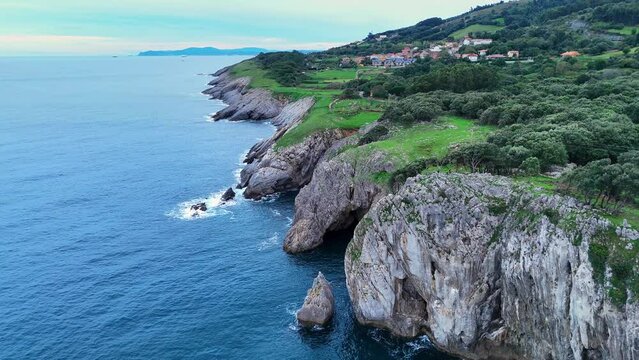 Cliffs in the surroundings of La Milla Medida de Islares. Aerial view from a drone. Castro Municipality. Cantabrian Sea. Cantabria. Spain. Europe