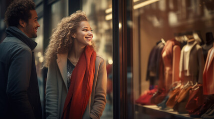 Fototapeta premium Diversity couple in love walks along the windows of the city at night during Christmas sales