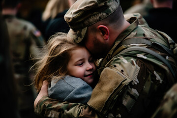 Fototapeta premium Affectionate military reunion between father and daughter