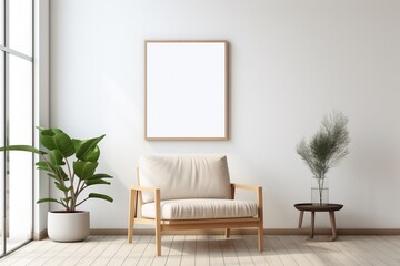 Mockup poster in the living room, the white sofa in bohemian style, empty frame on the wall of...