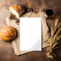 Blank poster, template. Poster mockup. Blank space for text, photo or picture. Bread, wine on white wooden background