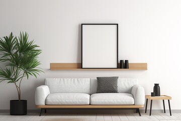 Mockup poster in the living room, the beige armchair in bohemian style, empty frames on the wall of modern living room with copy space.