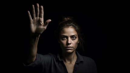 Close up of woman showing stop gesture with hand raising up on black background, young female protesting against domestic violence and abuse, bullying, saying no to gender discrimination 