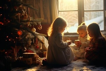 Obraz na płótnie Canvas children opening christmas gifts during the christmas