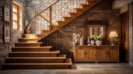 Boho interior design of modern entrance hall with wooden staircase and rustic decor pieces, handcrafted wooden furniture under the stair, welcoming hallway on vintage stone wall background. - obrazy, fototapety, plakaty