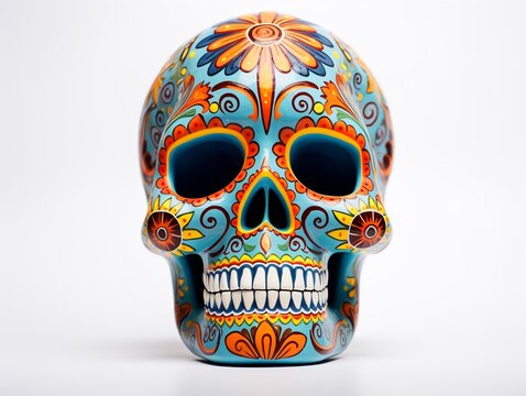 ornately decorated Day of the Dead sugar skull, or calavera isolated on white, 3d colorful sugar skull.
