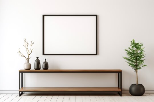 Scandinavian room interior with mock up photo frame on the wooden modern shelf with beautiful dry grass in differents hipster and design pots. White walls. Modern and floral concept of shelfs.