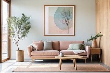 Pink sofa against wall with art posters