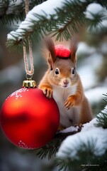 Fototapeta na wymiar a red squirrel with red christmas ball in winter forest