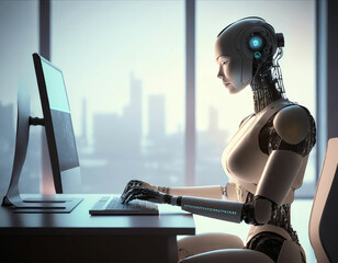 Weiblicher humanoider Roboter arbeitet an einem PC