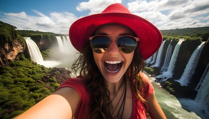Woman with hat and sunglasses taking a selfie at the breathtaking Iguazu falls, Argentina