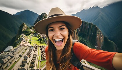 Young mid-aged woman taking a selfie with a smiling face at Machu Picchu, Peru

