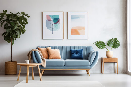Blue sofa against wall with two art posters